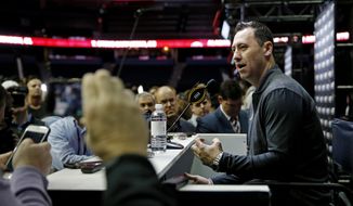Alabama offensive coordinator Steve Sarkisian answers questions during media day for the NCAA college football playoff championship game against Clemson Saturday, Jan. 7, 2017, in Tampa, Fla. (AP Photo/John Bazemore)