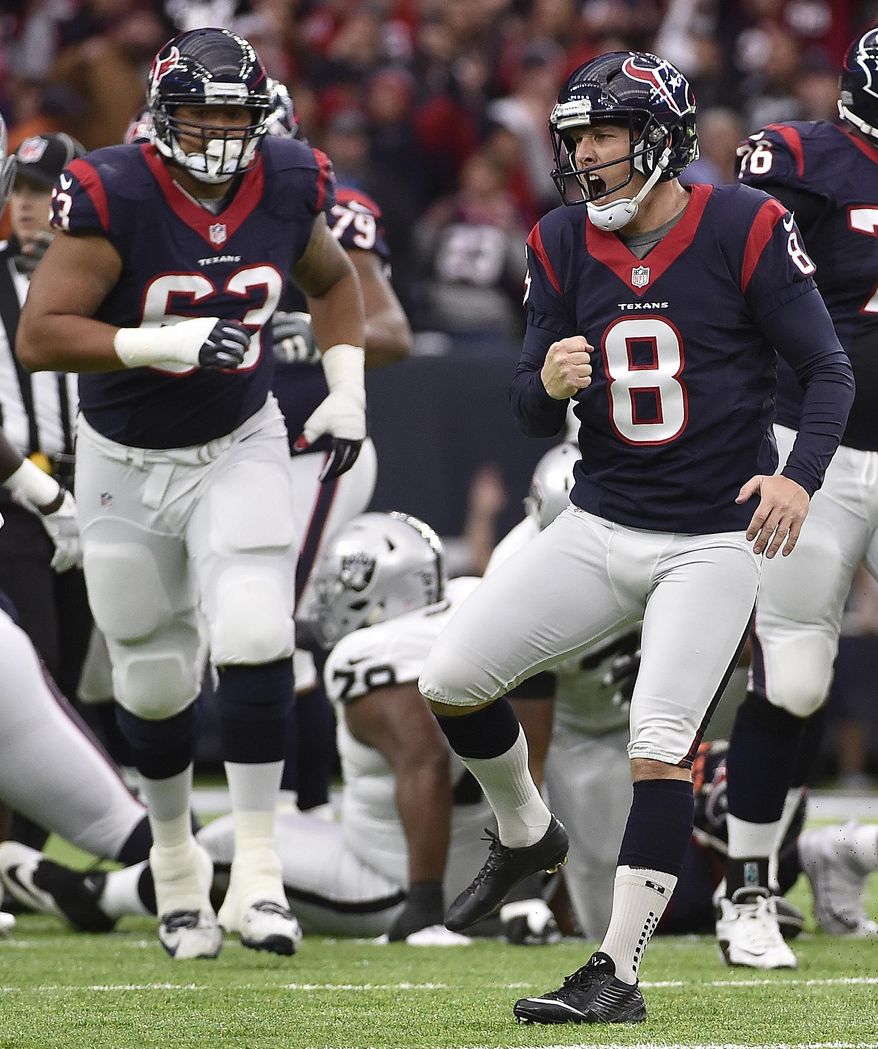 Houston Texans kicker Nick Novak (8) celebrates his 50-yard field goal against the Oakland Raiders during the first half of an AFC Wild Card NFL game Saturday, Jan. 7, 2017, in Houston. (AP Photo/Eric Christian Smith)