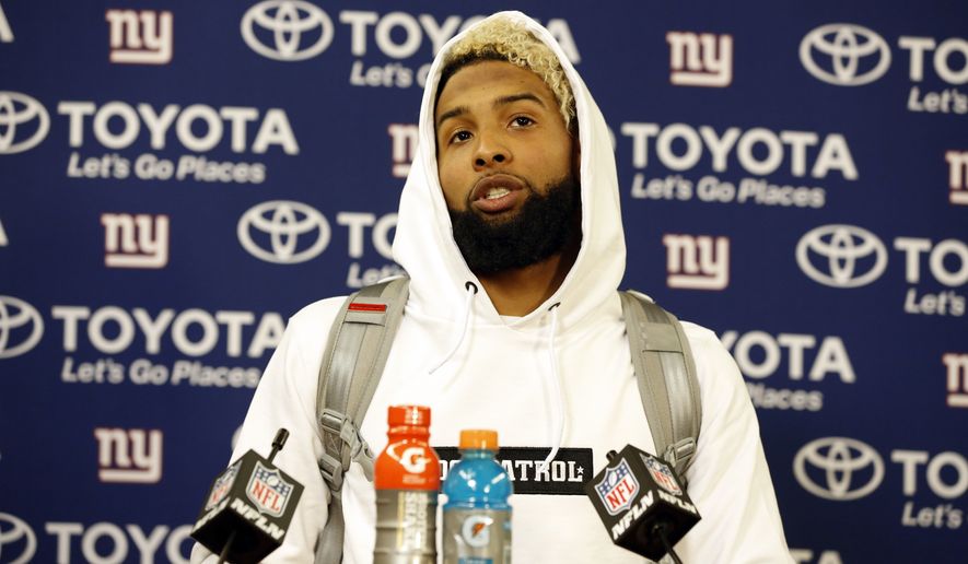 New York Giants wide receiver Odell Beckham (13) speaks at a news conference after an NFC wild-card NFL football game against the Green Bay Packers, Sunday, Jan. 8, 2017, in Green Bay, Wis. The Packers won 38-13. (AP Photo/Matt Ludtke)