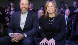 General Motors President Dan Ammann, left, and Chairman and CEO of General Motors  Mary Barra smile before the debut of the 2018 GMC Terrain at the North American International Auto Show in Detroit, Sunday, Jan. 8, 2017. (AP Photo/Paul Sancya)