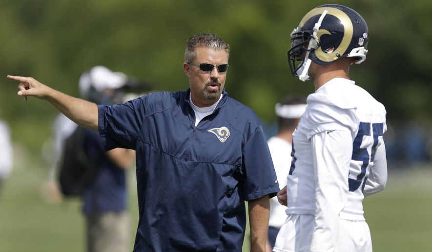 FILE - In this Aug. 1, 2015, file photo, St. Louis Rams defensive coordinator Gregg Williams, left, talks with middle linebacker James Laurinaitis during NFL football training camp in St. Louis. The Cleveland Browns have hired Williams to fix a defense that was among the NFL&#39;s worst in 2016. (AP Photo/Jeff Roberson, File)