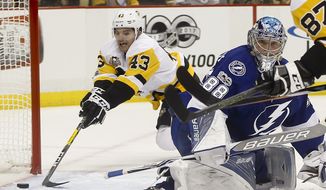 Pittsburgh Penguins&#39; Conor Sheary (43) puts the puck into the net behind Tampa Bay Lightning goalie Andrei Vasilevskiy (88) to score during the second period of an NHL hockey game, Sunday, Jan. 8, 2017, in Pittsburgh. (AP Photo/Keith Srakocic)