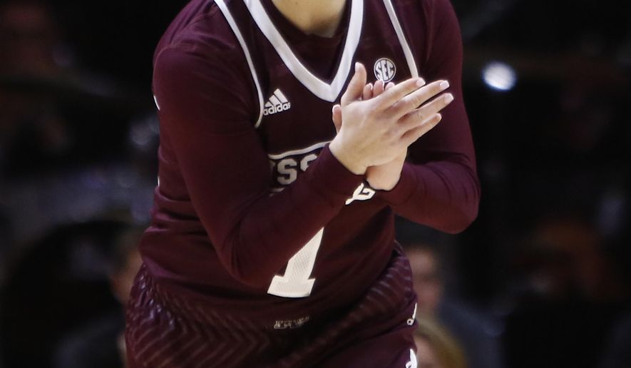 Mississippi State guard Blair Schaefer (1) reacts after making a three-point basket during an NCAA college basketball game against Tennessee, Sunday, Jan. 8, 2017, in Knoxville, Tenn. (AP Photo/Wade Payne)
