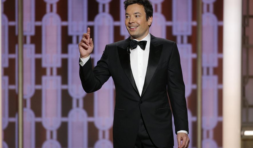 This image released by NBC shows host Jimmy Fallon at the 74th Annual Golden Globe Awards at the Beverly Hilton Hotel in Beverly Hills, Calif., on Sunday, Jan. 8, 2017. (Paul Drinkwater/NBC via AP)