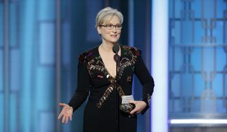 This image released by NBC shows Meryl Streep accepting the Cecil B. DeMille Award at the 74th Annual Golden Globe Awards at the Beverly Hilton Hotel in Beverly Hills, Calif., on Sunday, Jan. 8, 2017. (Paul Drinkwater/NBC via AP)