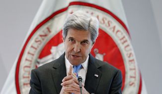 Then-Secretary of State John Kerry speaks during a conference on climate change and innovation in clean energy at the Massachusetts Institute of Technology in Cambridge, Mass., Monday, Jan. 9, 2017. (Associated Press) **FILE**