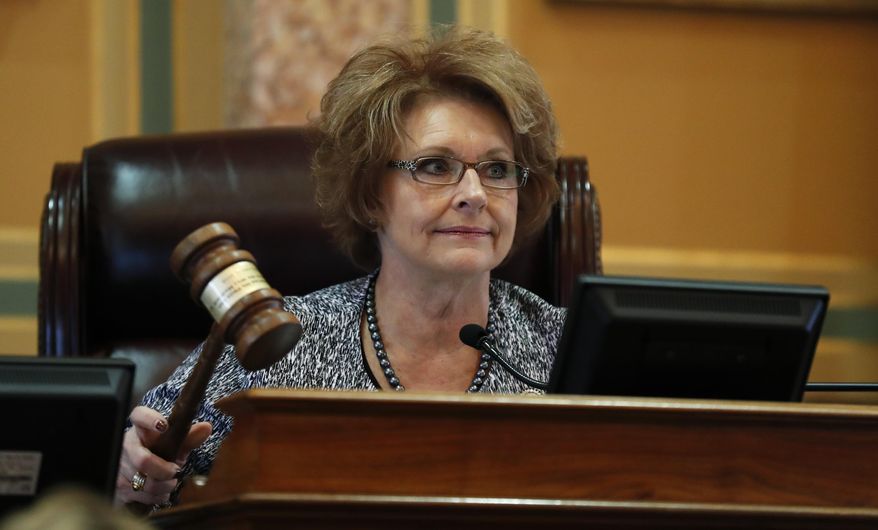 Iowa House Speaker Linda Upmeyer pounds the gavel during the opening day of the Iowa Legislature, Monday, Jan. 9, 2017, at the Statehouse in Des Moines, Iowa. (AP Photo/Charlie Neibergall)