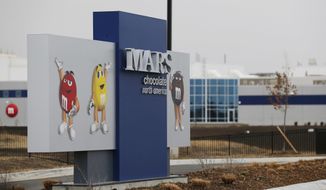 FILE - This Wednesday, March 26, 2014, file photo, shows an entrance of a Mars Inc. production facility near Topeka, Kan. Mars is buying the pet health care company VCA in a deal valued at around $7.7 billion. (AP Photo/Orlin Wagner, File)