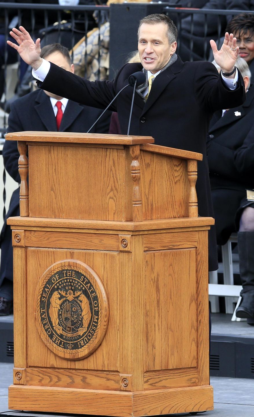 Missouri Gov. Eric Greitens gives his inaugural address from the steps of the capitol in Jefferson City, Mo., Monday, Jan. 9, 2017. (AP Photo/Orlin Wagner)