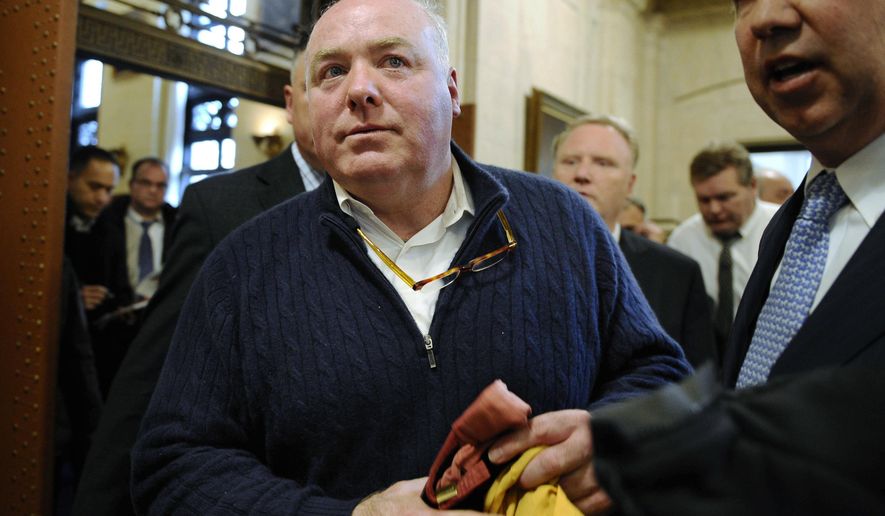 FILE - In this Feb. 24, 2016 file photo, Michael Skakel leaves the state Supreme Court after his hearing in Hartford, Conn. Skakel&#39;s lawyers filed a motion Friday, Jan. 6, 2017, asking the Connecticut Supreme Court to reconsider its decision to reinstate his murder conviction in a 1975 killing. The court ruled 4-3 on Dec. 30 that a lower court was wrong in 2013 when it ordered a new trial for Skakel. But the justice who wrote the majority decision left the court recently and his lawyers asked that a new judge be seated before the court hears the motion to reconsider. Skakel was convicted in 2002 of killing Martha Moxley in Greenwich in 1975 when they were teenage neighbors. He was sentenced to 20 years to life in prison and was freed after the 2013 ruling. (AP Photo/Jessica Hill, File)