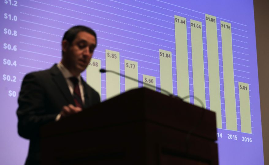Texas State Comptroller Glenn Hegar uses a graph as he speaks during a news conference where he released his biennial revenue estimate that will be used to set Texas budget for the upcoming legislative session , Monday, Jan. 9, 2017, in Austin, Texas. (AP Photo/Eric Gay)