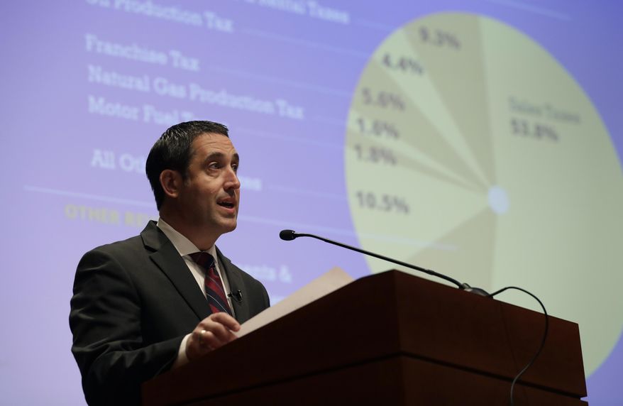 Texas State Comptroller Glenn Hegar speaks during a news conference where he released his biennial revenue estimate that will be used to set Texas budget for the upcoming legislative session , Monday, Jan. 9, 2017, in Austin, Texas. (AP Photo/Eric Gay)
