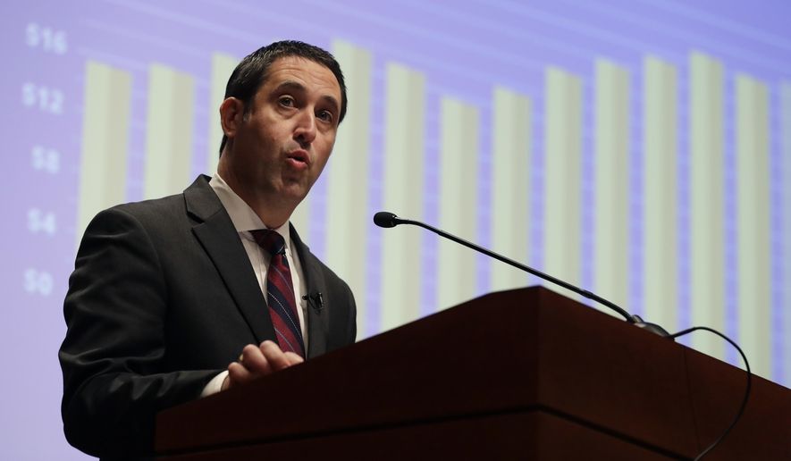 Texas State Comptroller Glenn Hegar speaks during a news conference where he released his biennial revenue estimate that will be used to set Texas budget for the upcoming legislative session , Monday, Jan. 9, 2017, in Austin, Texas. (AP Photo/Eric Gay)