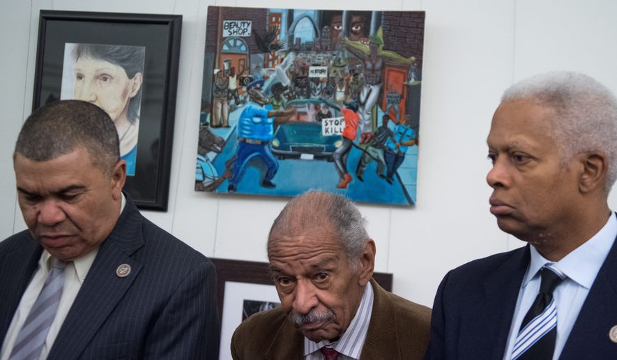 From left, Democratic Reps. William Lacy Clay of Missouri, John Conyers of Michigan, and Hank Johnson of Georgia speak in front of a painting by Missouri high school student David Pulphus after it was rehung on on Tuesday. The painting had been removed from the Congressional Art Competition display in Cannon tunnel by Rep. Duncan Hunter, California Republican. (Associated Press)