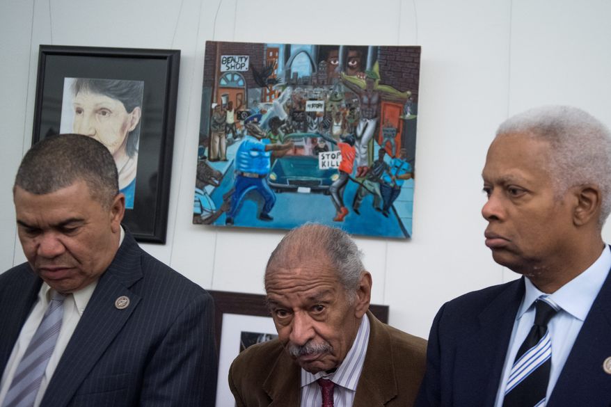 From left, Democratic Reps. William Lacy Clay of Missouri, John Conyers of Michigan, and Hank Johnson of Georgia speak in front of a painting by Missouri high school student David Pulphus after it was rehung on on Tuesday. The painting had been removed from the Congressional Art Competition display in Cannon tunnel by Rep. Duncan Hunter, California Republican. (Associated Press)