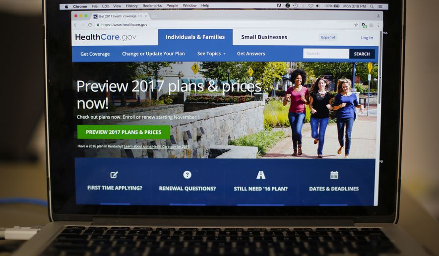  In this Oct. 24, 2016, file photo, the HealthCare.gov 2017 web site home page as seen in Washington. On Jan. 20, 2017, President Trump signed an executive order that takes aim at the individual mandate of the Affordable Care Act, which requires Americans to buy health insurance or pay a penalty to the government at tax time. (AP Photo/Pablo Martinez Monsivais) **FILE**