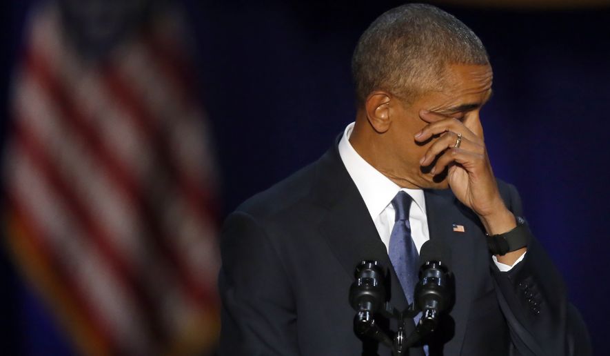 President Obama wipes away tears as he gives his presidential farewell address Tuesday at McCormick Place in Chicago. (Associated Press)