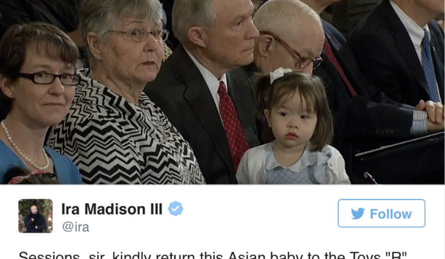 A tweet by MTV News writer Ira Madison III, since deleted, is shown here, in which he made a joke about Sen. Jeff Sessions&#39; granddaughter, who is Asian-American. Screen capture via BusinessInsider.com.