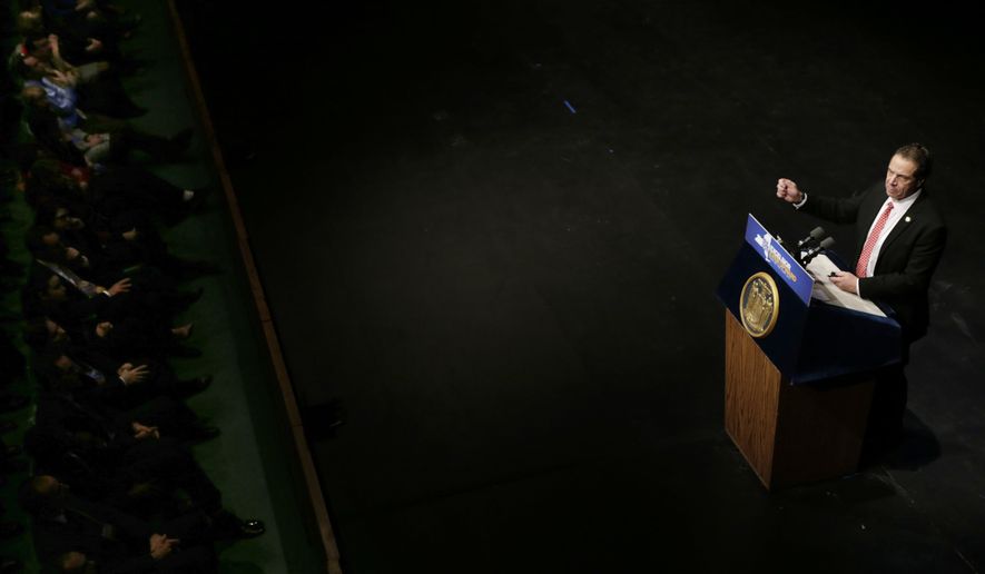 New York Gov. Andrew Cuomo delivers one of his state of the state addresses at SUNY Purchase in Purchase, N.Y., Tuesday, Jan. 10, 2017. (AP Photo/Seth Wenig)