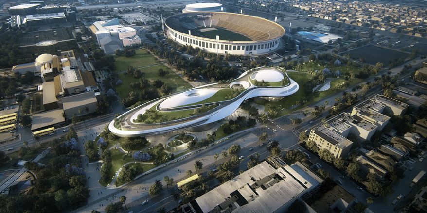 This undated file concept design provided by the Lucas Museum of Narrative Art shows a rendering of their proposed museum, just west and north of the Coliseum in Exposition Park in Los Angeles. &amp;quot;Star Wars&amp;quot; creator George Lucas and his team announced Tuesday, Jan. 10, 2017, they have chosen Los Angeles over San Francisco as the home of the museum that will showcase his work. After what organizers called an extremely difficult decision, they announced Tuesday that the museum will be built in Exposition Park in Los Angeles, where it will sit alongside other more traditional museums. (Lucas Museum of Narrative Art via AP, File)