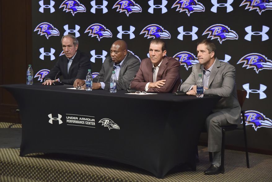Baltimore Ravens, from left, team president Dick Cass, general manager Ozzie Newsome, owner Steve Bisciotti and head coach John Harbaugh listen during an NFL football news conference, Tuesday, Jan. 10, 2017, in Owings Mills, Md. (Kevin Richardson/The Baltimore Sun via AP)