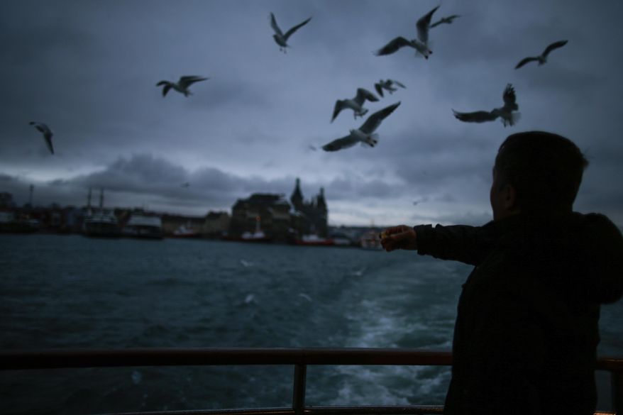In this photo taken on Friday, Jan. 6, 2017, seagulls fly over a boat crossing the Bosporus Strait on a boat in Istanbul. These days, with a string of terror attacks targeting Istanbul still fresh in his memory, some residents say they are adapting their daily routines because of fears they could become the latest victims of violent extremism.  (AP Photo/Emrah Gurel)