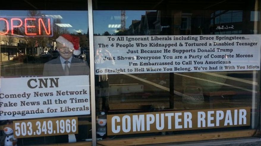 Kevin Kerwin, owner of Kevin the Geek Computer Repair Shop in Lake Oswego, Oregon, has posted a sign in his storefront window telling liberals to "go straight to hell" in response to the hate crime kidnapping and torture of a white disabled man last week in Chicago. (Fox News)