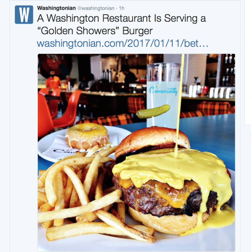 On Jan. 11, 2017, Washingtonian reported that a restaurant in Bethesda, Md., was selling a cheeseburger special named after a sex act that Donald Trump was alleged to have paid prostitutes to perform on each other. (Screen capture from Twitter, Jan. 11, 2017)