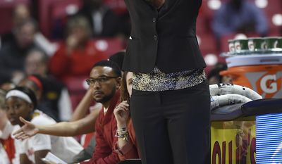 Maryland coach Brenda Frese reacts to a call during the first half of the team&#39;s NCAA college basketball game against Penn State, Wednesday, Jan. 11, 2017, in College Park, Md. (AP Photo/Gail Burton)