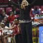 Maryland coach Brenda Frese reacts to a call during the first half of the team&#39;s NCAA college basketball game against Penn State, Wednesday, Jan. 11, 2017, in College Park, Md. (AP Photo/Gail Burton)