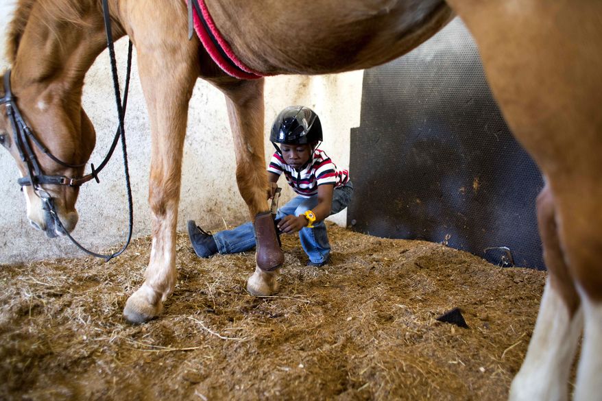 In this Jan. 7, 2017 photo, Judeley Hans Debel squats down to remove a boot from Tic Tac, holding out his prosthetic leg after his therapeutic riding lesson at the Chateaublond Equestrian Center in Petion-Ville, Haiti. Anne-Rose Schoen, who founded the equestrian center, said perhaps the most important thing about therapeutic riding is it makes youngsters happy in a country where disabled people face enormous challenges. (AP Photo/Dieu Nalio Chery)