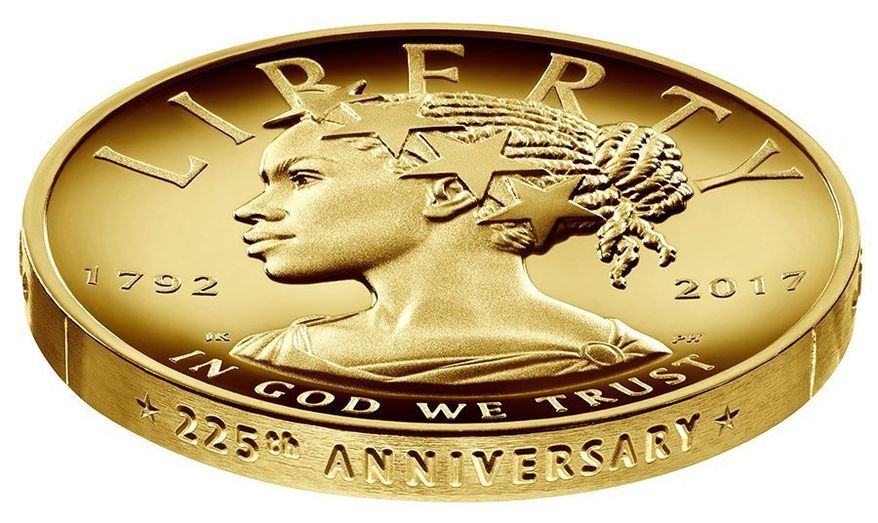 This undated handout image provided by the U.S. Mint shows the design for the 2017 American Liberty 225th Anniversary Gold Coin. The coin is worth $100. (U.S. Mint via AP)