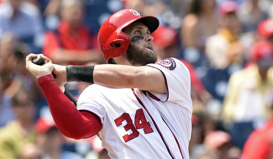 FILE - In this May 6, 2015, file photo, Washington Nationals right fielder Bryce Harper watches the ball after hitting a second home run against the Miami Marlins during the third inning of their baseball game at Nationals Park in Washington. Harper, Chicago Cubs pitcher Jake Arrieta, New York Mets pitchers Matt Harvey and Jacob deGrom, and Baltimore third baseman Manny Machado were among 146 players eligible to exchange salary arbitration figures with their teams, though most were expected to reach agreements. (AP Photo/Susan Walsh, File)