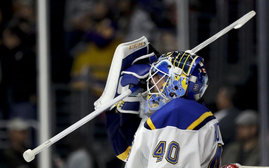 St. Louis Blues goalie Carter Hutton reacts after giving up a goal to Los Angeles Kings left wing Tanner Pearson during the second period of an NHL hockey game in Los Angeles, Thursday, Jan. 12, 2017. (AP Photo/Chris Carlson)
