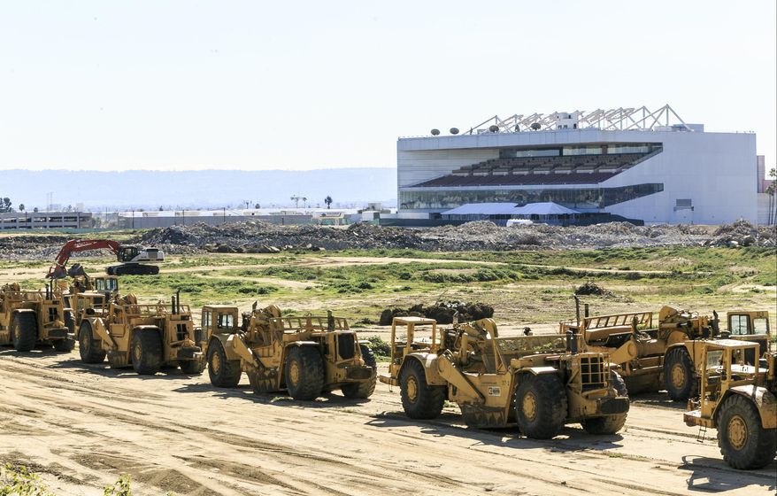 FILE - This Feb. 3, 2016, file photo shows heavy machinery adjacent to the proposed NFL Rams stadium complex site at Hollywood Park in Inglewood, Calif. The Chargers are moving to Los Angeles, where they will join the recently relocated Rams in giving the nation's second-largest media market two NFL teams for the first time in decades. The announcement was made Thursday, Jan. 12, 2017. (AP Photo/Damian Dovarganes, File)