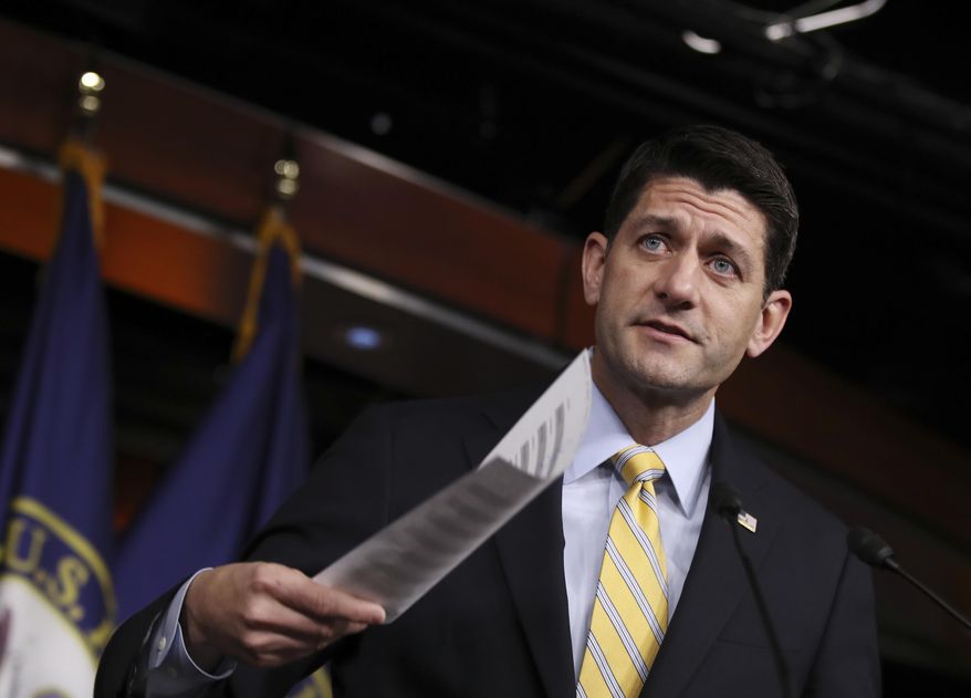 FILE - In this Jan. 5, 2017 file photo, House Speaker Paul Ryan of Wis. holds his copy of insurance premium statistics during a news conference on Capitol Hill in Washington. Ryan urged the GOP-controlled House to pass a “critical first step toward delivering relief” from President Barack Obama's signature health care law as the chamber steamed ahead on legislation that is the first step toward repealing it and replacing it with something else. (AP Photo/Manuel Balce Ceneta, File)