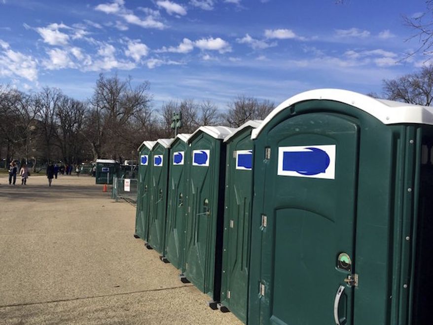 Portable restrooms, with the name "Don's Johns" covered up, are lined up on Capitol Hill in Washington on Jan. 13, 2017. (Associated Press/Matthew Daly)
