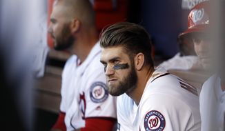 In this photo taken Oct. 9, 2016, Washington Nationals right fielder Bryce Harper (34) sits in the dugout during Game 2 of baseball&#39;s National League Division Series against the Los Angeles Dodgers, at Nationals Park in Washington. Harper and the Washington Nationals have agreed to a $13,625,000 contract for 2017, avoiding arbitration. The sides reached a deal Friday, Jan. 13, 2017, the deadline for players and teams to exchange arbitration figures ahead of hearings.(AP Photo/Alex Brandon)