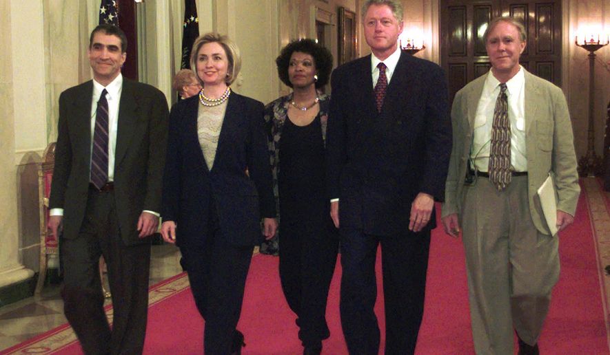 FILE - In this Wednesday, April 22, 1998 file photo, President Clinton and first lady Hillary Rodham Clinton walk down the State Floor hallway with Poets Laureate Robert Pinsky, left, Rita Dove, center, and Robert Haas, right, before the Millennium Evening Lecture at the White House in Washington. America's leading poets, including Pinsky and Dove, are averse to Donald Trump, and they have organized literary rallies in more than 30 states, which will be held on Sunday, Jan. 15, 2017, to say so. (AP Photo/Susan Walsh, File)