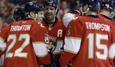 Florida Panthers left wing Shawn Thornton (22) smiles with right wing Paul Thompson (15) after scoring a goal during the first period of an NHL hockey game against the Columbus Blue Jackets, Saturday, Jan. 14, 2017, in Sunrise, Fla. (AP Photo/Lynne Sladky)