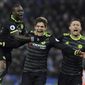 Chelsea&#x27;s Marcos Alonso, centre, celebrates scoring his second goal during the English Premier League soccer match between Leicester City and Chelsea at the King Power Stadium in Leicester, England, Saturday, Jan. 14, 2017. (AP Photo/Rui Vieira)