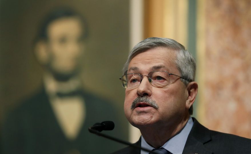 FILE - In a Tuesday, Jan. 10, 2017 file photo, republican Iowa Gov. Terry Branstad delivers his annual condition of the state address before a joint session of the Iowa Legislature, at the Statehouse in Des Moines, Iowa. According to budget projections reviewed by The Associated Press, Branstad has recommended taking $2.8 million previously given to child and family services so it can be redirected to create a roughly $3.3 million program that distributes family planning money to organizations that do not perform abortions. (AP Photo/Charlie Neibergall, File)
