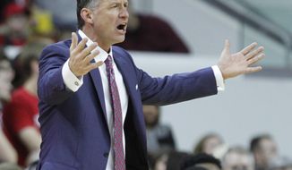 North Carolina State head coach Mark Gottfried reacts to a call during the first half of an NCAA college basketball game against Georgia Tech in Raleigh, N.C., Sunday, Jan. 15, 2017. (Ethan Hyman/The News &amp;amp; Observer via AP)