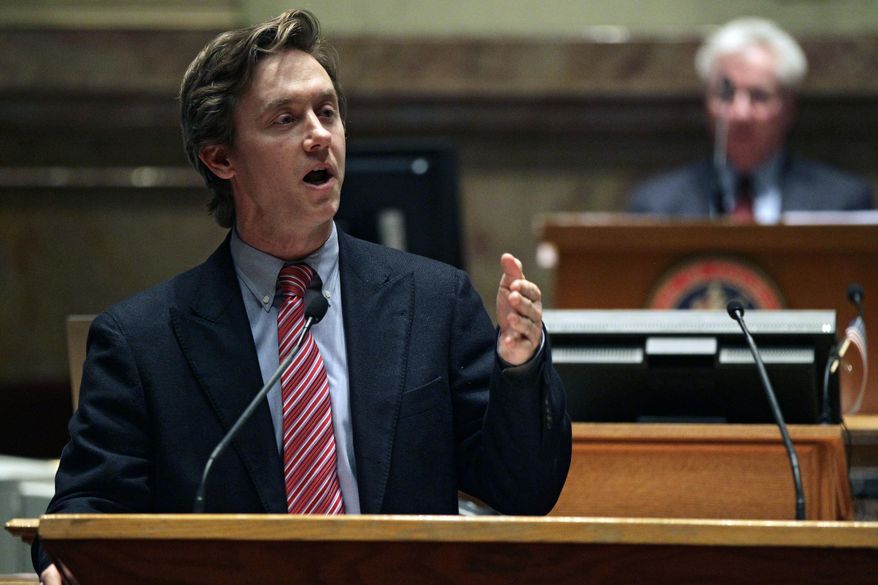 FILE- In this March 11, 2013 file photo, Colorado state Sen. Mike Johnston, D-Denver, argues in favor of one of several gun control bills before the Colorado Legislature at the State Capitol in Denver. Johnston plans to officially announce that he is running for Colorado governor on Tuesday, Jan. 17, 2017. (AP Photo/Brennan Linsley, File)