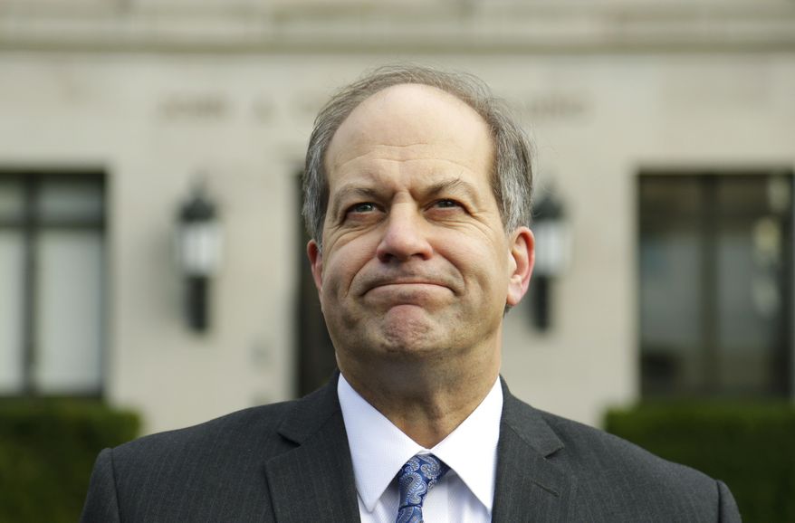 Sen. Steve O'Ban, R-University Place, listens to a question as he talks to reporters Monday, Jan. 16, 2017, at the Capitol in Olympia, Wash. O'Ban, who is the vice-chair of the Senate Law & Justice Committee, said he opposed legislation proposed Monday by Gov. Jay Inslee and Attorney General Bob Ferguson to abolish the death penalty in Washington state. (AP Photo/Ted S. Warren)
