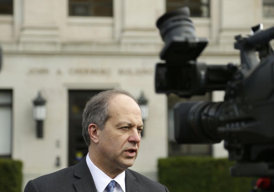 Sen. Steve O'Ban, R-University Place, talks to reporters Monday, Jan. 16, 2017, at the Capitol in Olympia, Wash. O'Ban, who is the vice-chair of the Senate Law & Justice Committee, said he opposed legislation proposed Monday by Gov. Jay Inslee and Attorney General Bob Ferguson to abolish the death penalty in Washington state. (AP Photo/Ted S. Warren)