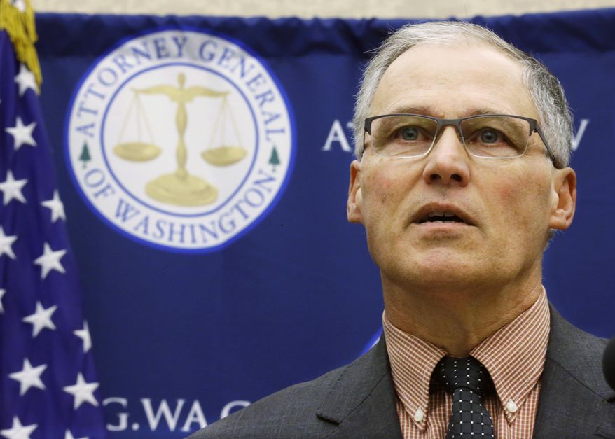 Washington Gov. Jay Inslee speaks Monday, Jan. 16, 2017, during a news conference at the Capitol in Olympia, Wash., to announce that he and Attorney General Bob Ferguson have proposed legislation to abolish the death penalty in Washington state. (AP Photo/Ted S. Warren)
