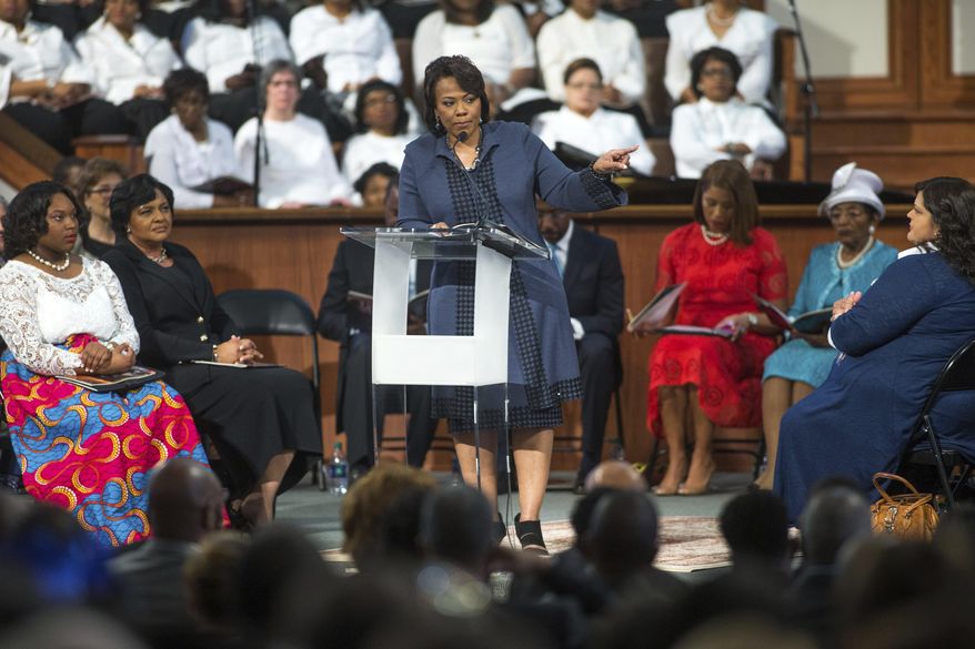 Bernice King, daughter of the late Rev. Martin Luther King Jr., speaks during the Rev. Martin Luther King Jr. holiday commemorative service at Ebenezer Baptist Church where King preached, Monday, Jan. 16, 2017, in Atlanta. (AP Photo/Branden Camp)