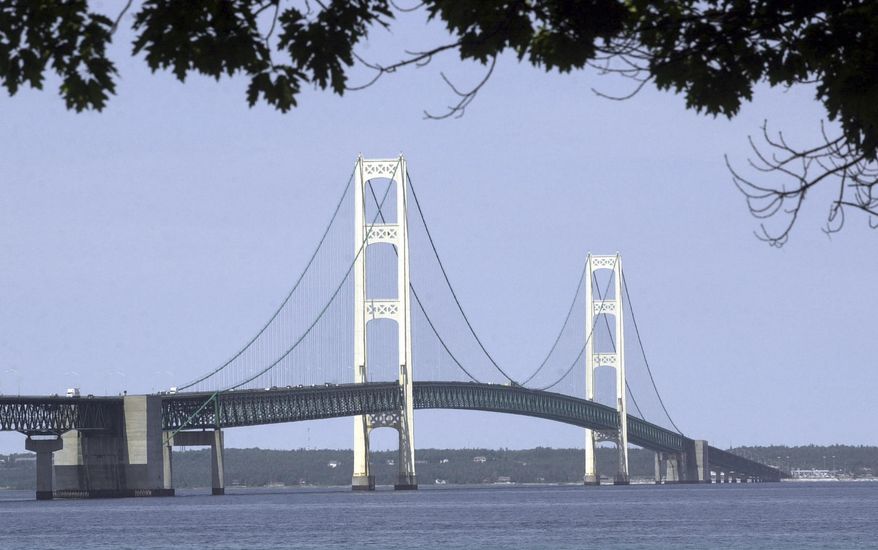 FILE - In this July 19, 2002 file photo, the Mackinac Bridge is shown from Mackinaw City, Mich. The state of Michigan wants to help residents and visitors pronounce the names of 2,200 places, people and things in or connected to the Great Lakes state, from Aaliyah (uh-LEE'-uh) to Zilwaukee (zil-WAW'-kee). The Michigan Braille and Talking Book Library recently announced the creation of a guide called "You Say it How in Michigan?" with audio and phonetic pronunciations. The directory was developed for audio book production for the blind and visually impaired, but its writers say the guide can benefit anyone curious about the state of MISH'-uh-gun.(AP Photo/Carlos Osorio, File)