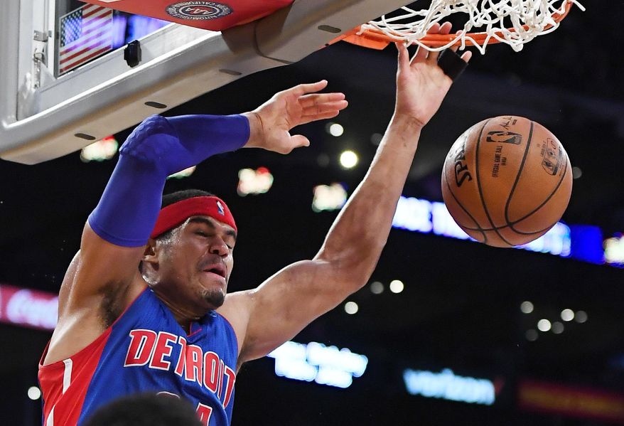 Detroit Pistons forward Tobias Harris dunks during the first half of an NBA basketball game against the Los Angeles Lakers, Sunday, Jan. 15, 2017, in Los Angeles. (AP Photo/Mark J. Terrill)